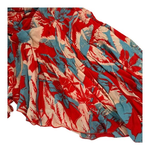 FREE PEOPLE Red & Blue Floral Halter Midi Dress Smocked Bodice  Asymmetrical Hem - Picture 8 of 10